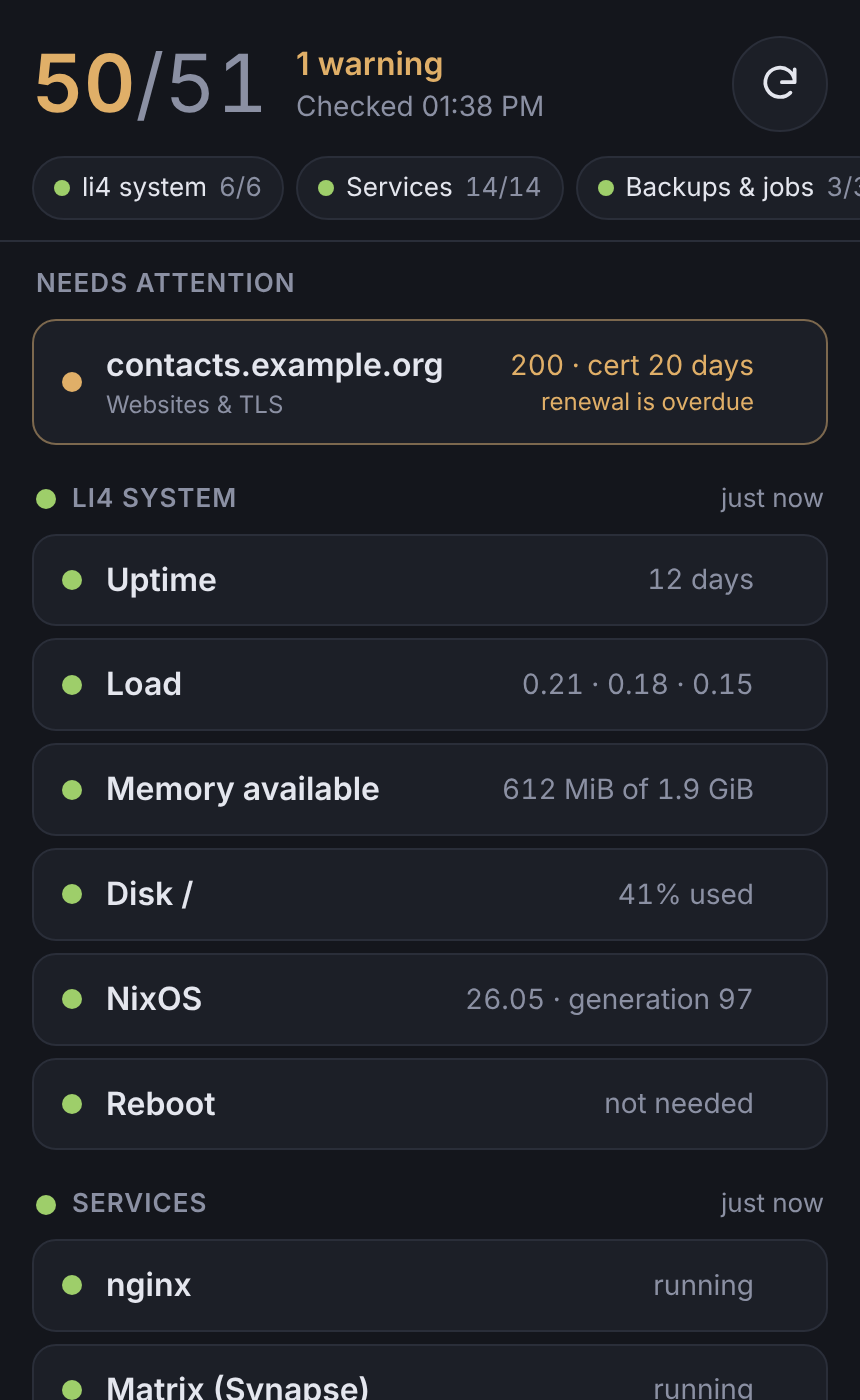 The fleet dashboard on a phone: one certificate warning at the top, every other check green.